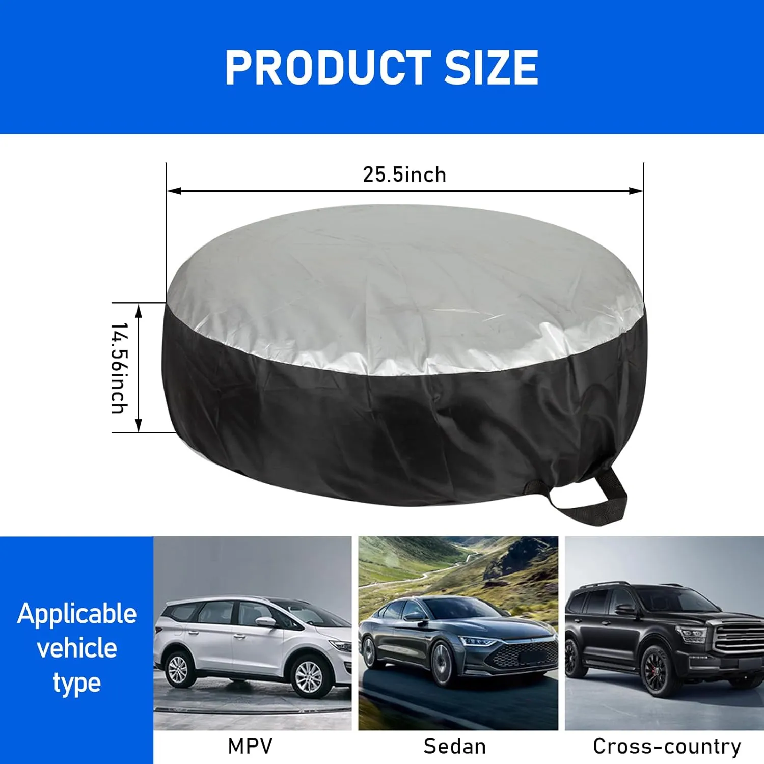 1 PC Car Tire Protection Cover, 25.5" x 14.56" 210D Oxford Cloth Dustproof Waterproof Spare Tire Cover, Portable Handle Drawstring Storage Accessories, for Sedans, SUVs (Silver & Black)
