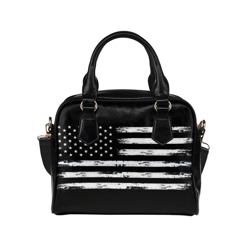 American Flag Purse, Distressed USA Patriotic Black Cute Small Shoulder Bag High Grade PU Leather Women Designer Handbag