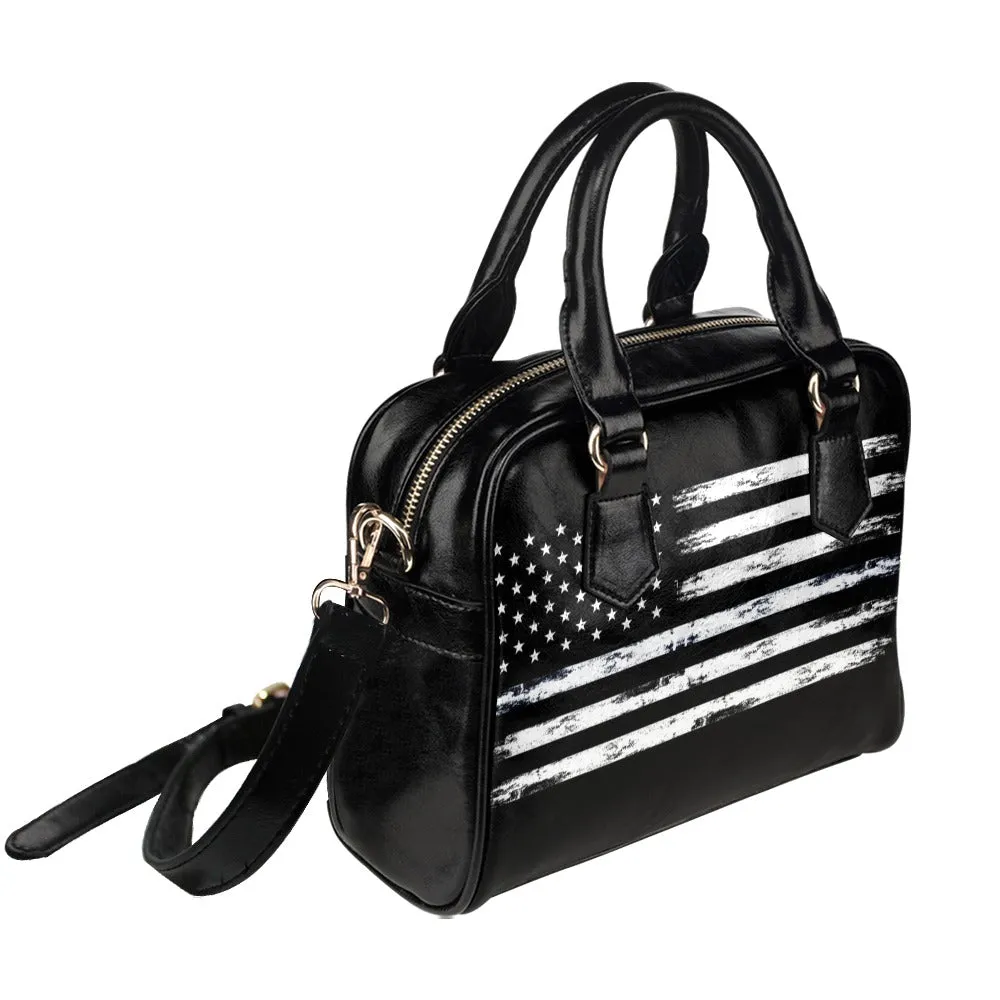 American Flag Purse, Distressed USA Patriotic Black Cute Small Shoulder Bag High Grade PU Leather Women Designer Handbag