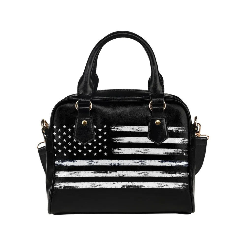 American Flag Purse, Distressed USA Patriotic Black Cute Small Shoulder Bag High Grade PU Leather Women Designer Handbag