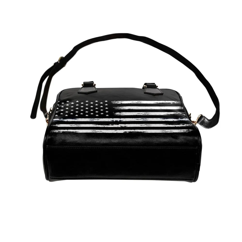 American Flag Purse, Distressed USA Patriotic Black Cute Small Shoulder Bag High Grade PU Leather Women Designer Handbag