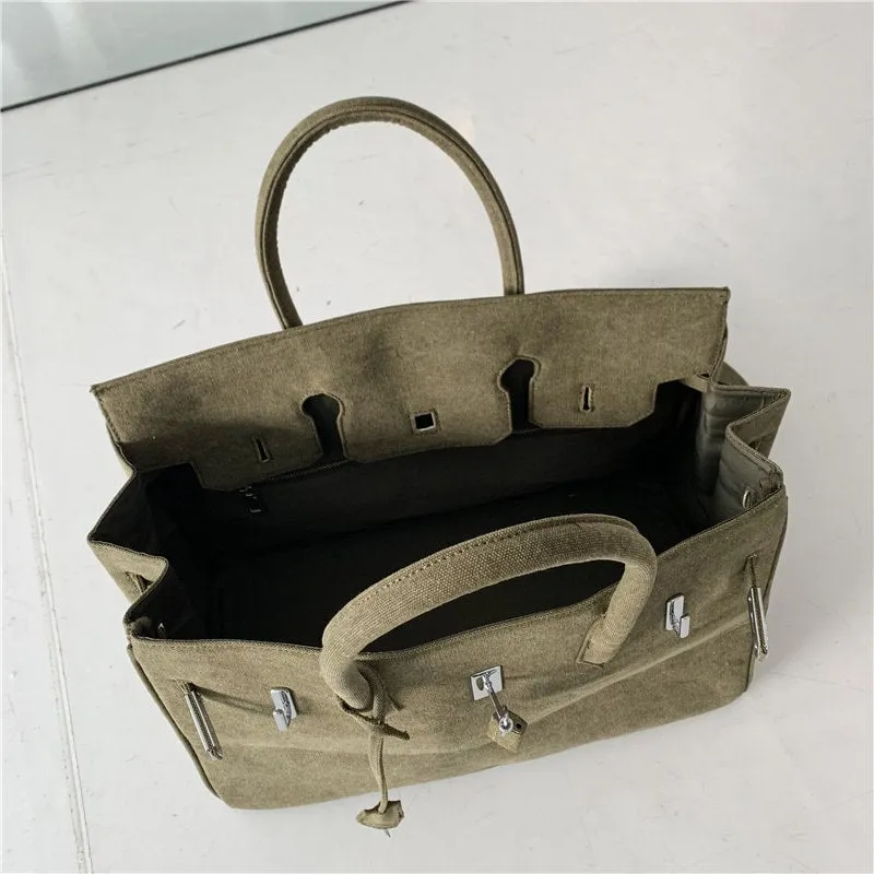 Army green birkin inspired canvas weekender overnight weekend travel bag fashion high street travel handbag