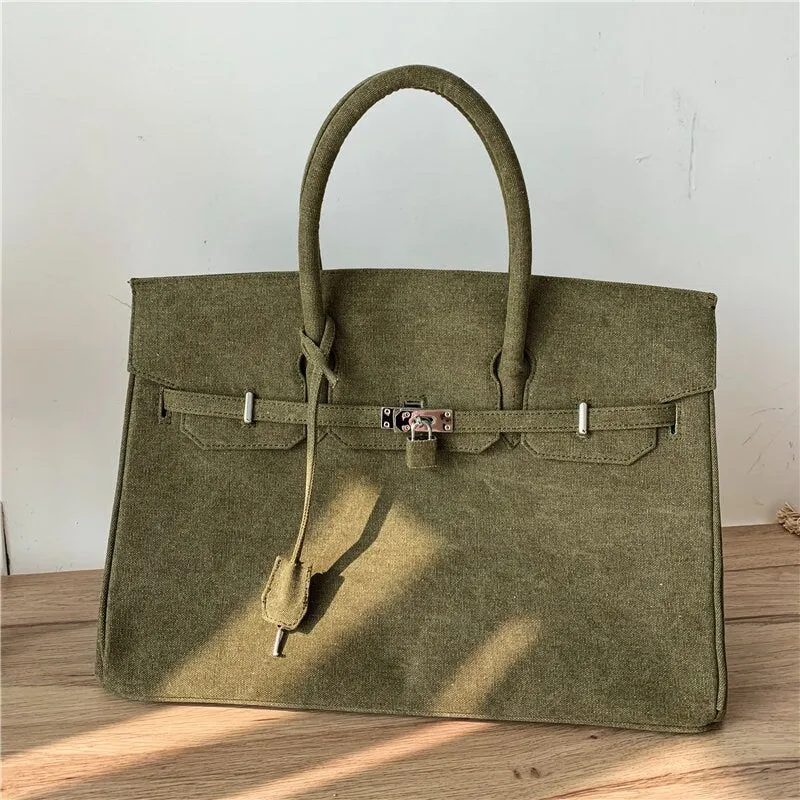 Army green birkin inspired canvas weekender overnight weekend travel bag fashion high street travel handbag