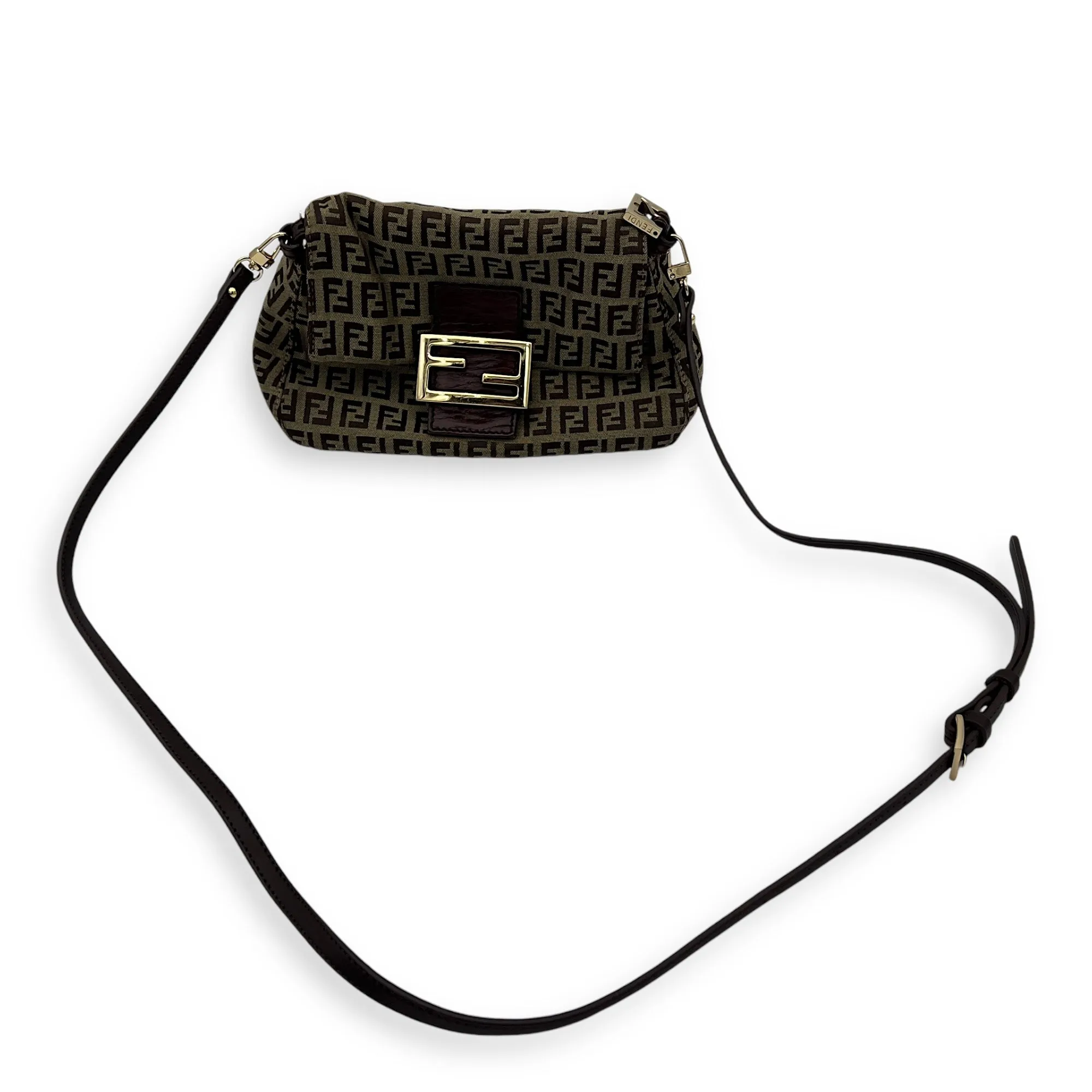 Baguette Crossbody Bag Brown in Jacquard, Gold hardware