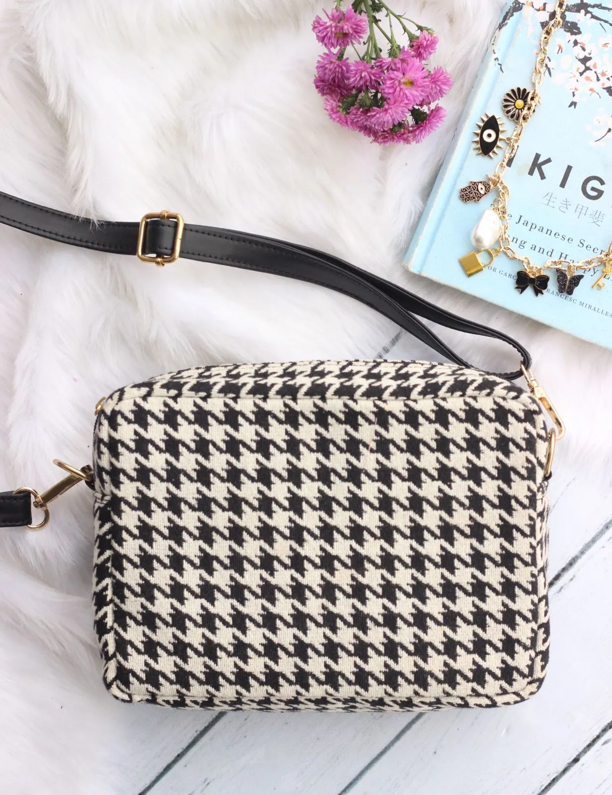 Black Check Messenger Sling Bag