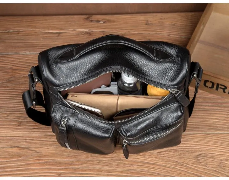 Black Leather 10 inches Mens Small Messenger Bag Black Side Bag Courier Bag Postman Bag for Men