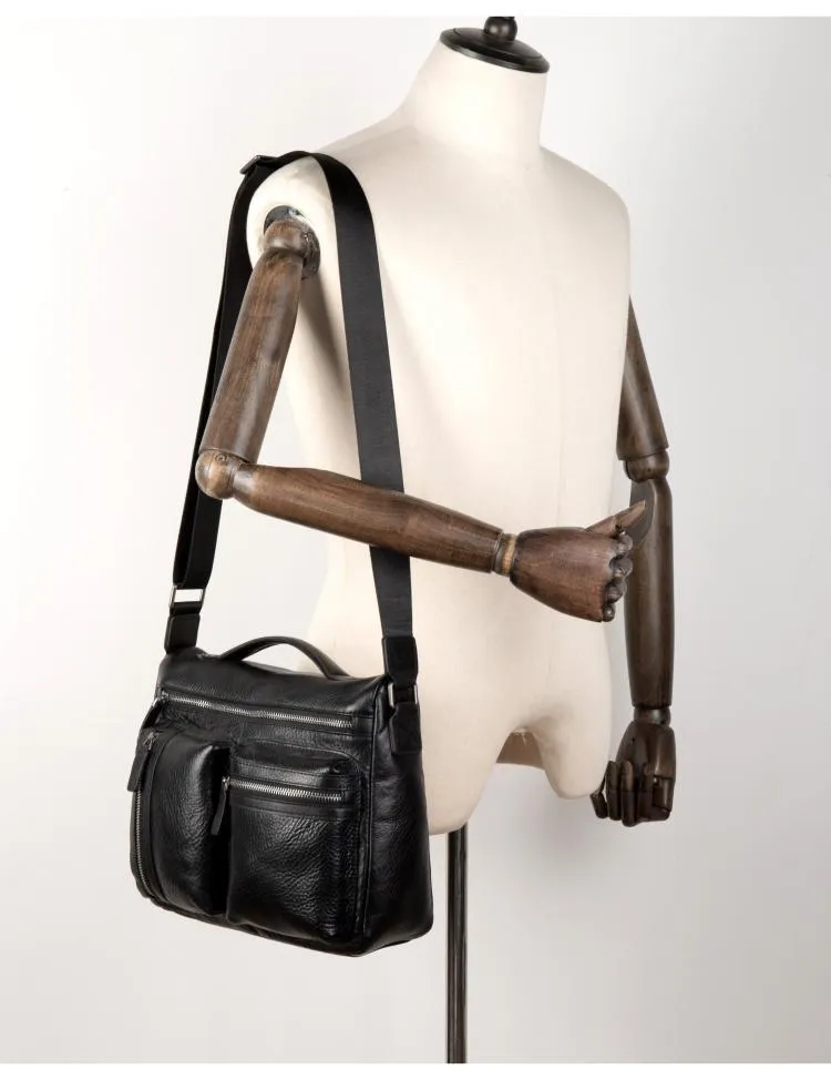 Black Leather 10 inches Mens Small Messenger Bag Black Side Bag Courier Bag Postman Bag for Men