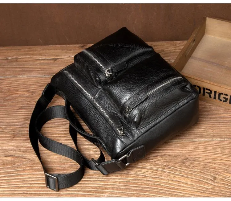 Black Leather 10 inches Mens Small Messenger Bag Black Side Bag Courier Bag Postman Bag for Men