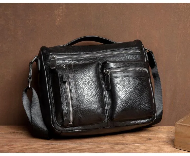 Black Leather 10 inches Mens Small Messenger Bag Black Side Bag Courier Bag Postman Bag for Men