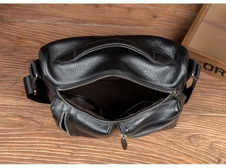 Black Leather 10 inches Mens Small Messenger Bag Black Side Bag Courier Bag Postman Bag for Men