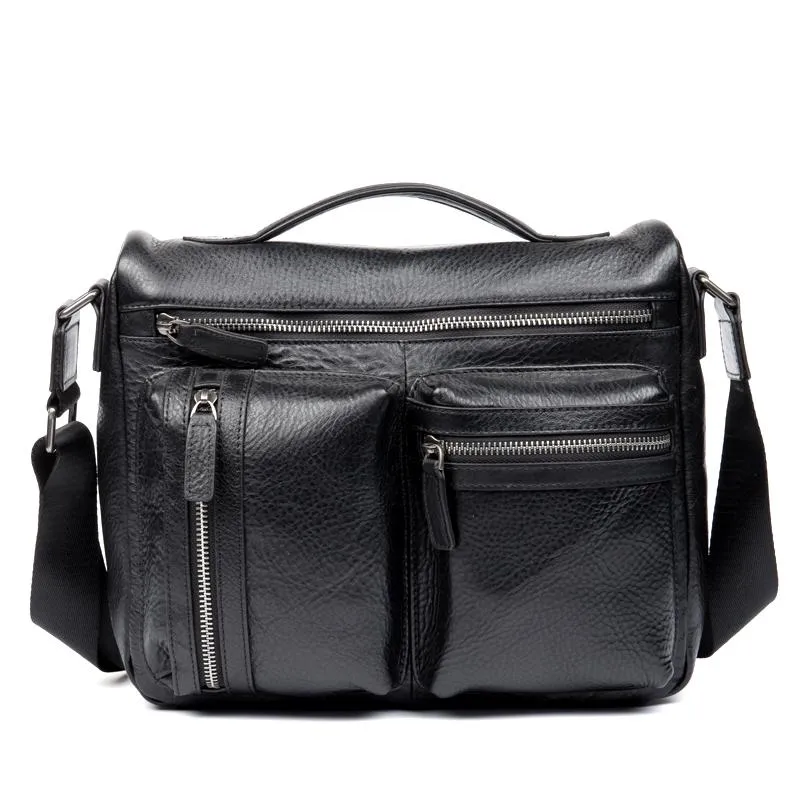 Black Leather 10 inches Mens Small Messenger Bag Black Side Bag Courier Bag Postman Bag for Men
