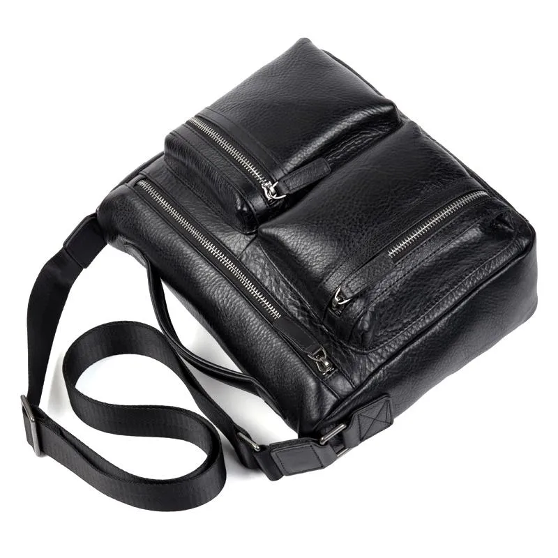 Black Leather 10 inches Mens Small Messenger Bag Black Side Bag Courier Bag Postman Bag for Men