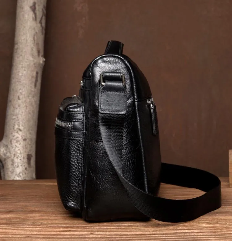 Black Leather 10 inches Mens Small Messenger Bag Black Side Bag Courier Bag Postman Bag for Men