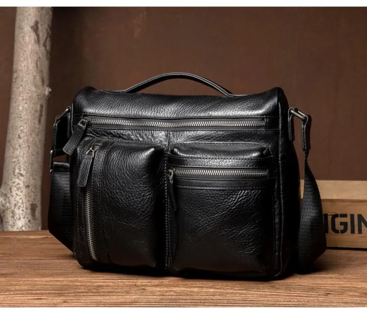 Black Leather 10 inches Mens Small Messenger Bag Black Side Bag Courier Bag Postman Bag for Men
