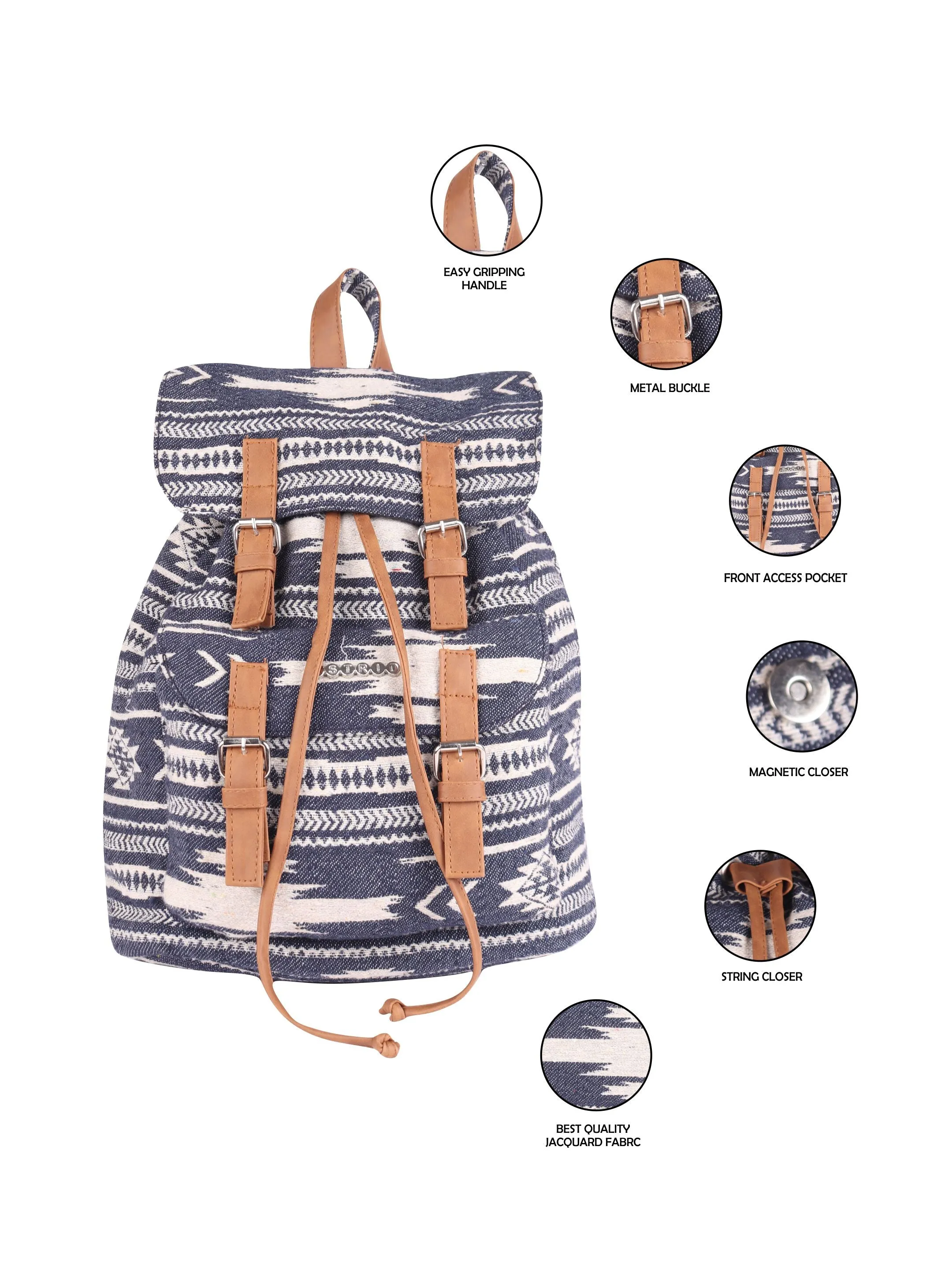 Blue Multi Cotton Dhurry Girls Backpack Medium Size