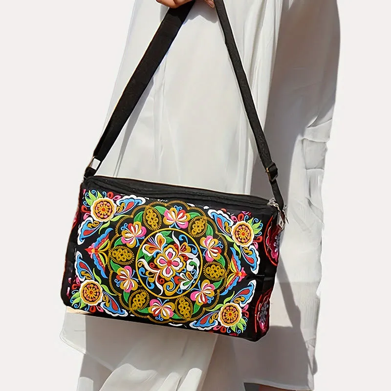 Buddha Stones Galsang Inula Flower Peony Peacock Double-Sided Embroidery Canvas Shopping Purse Handbag Crossbody Bag