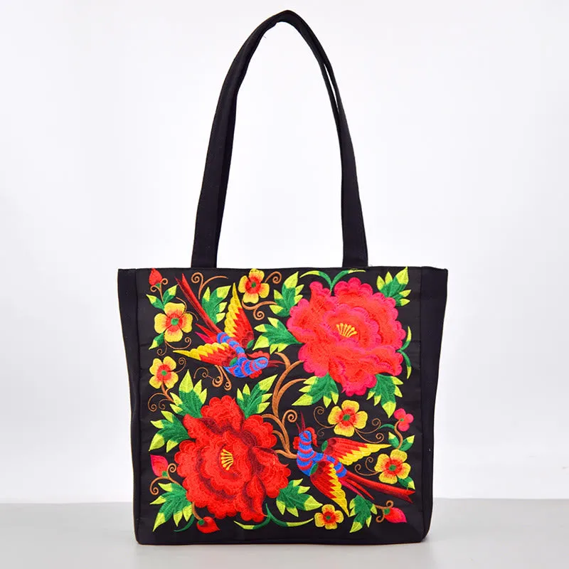 Buddha Stones Galsang Magpie Peony Camellia Chrysanthemum Embroidery Canvas Shopping Purse Handbag Shoulder Bag
