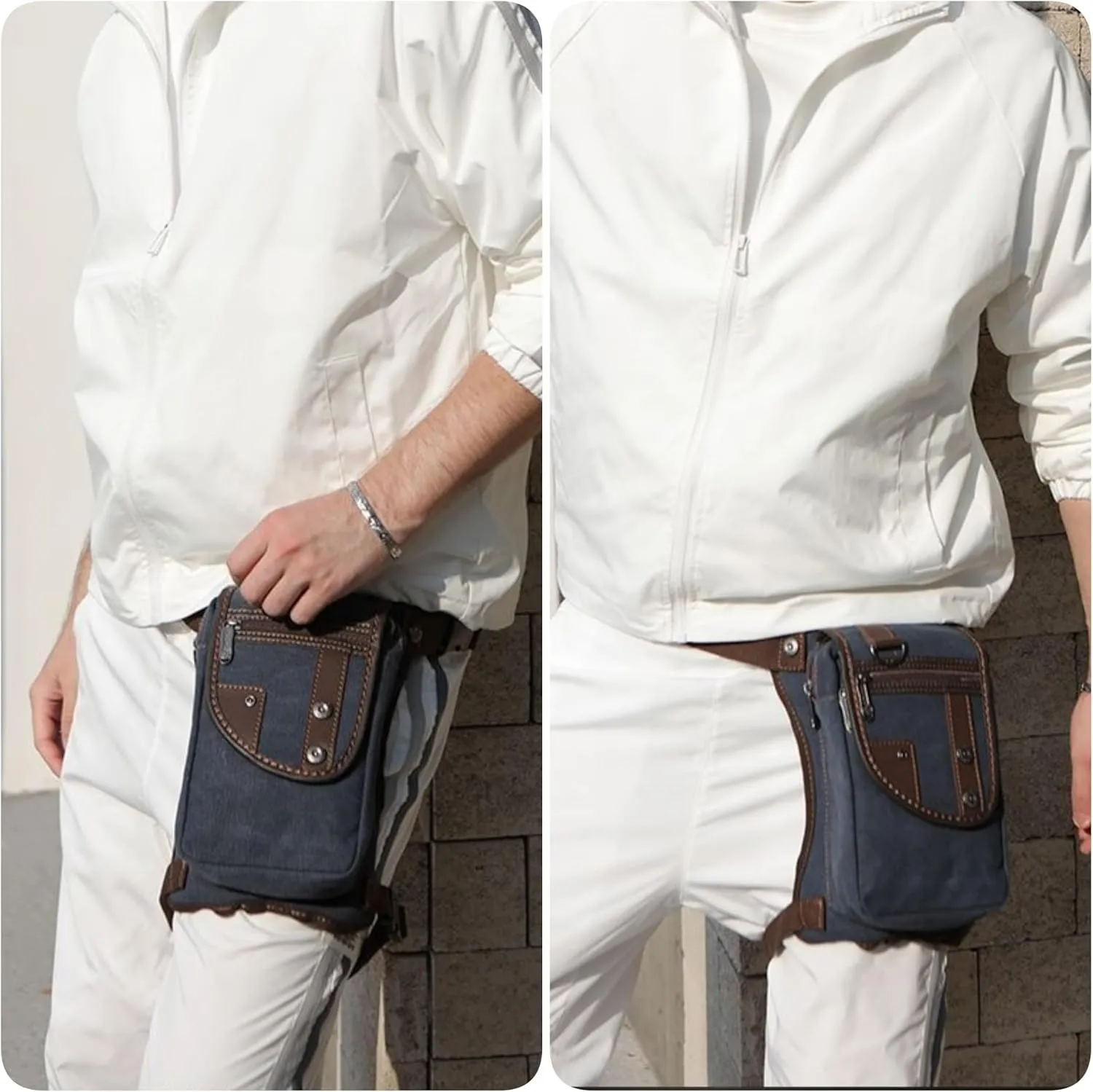 Canvas Drop Leg Bag, Motorcycle Thigh Bag with Multiple Pockets, 6x2.8x10.5 inches (Dark Blue)