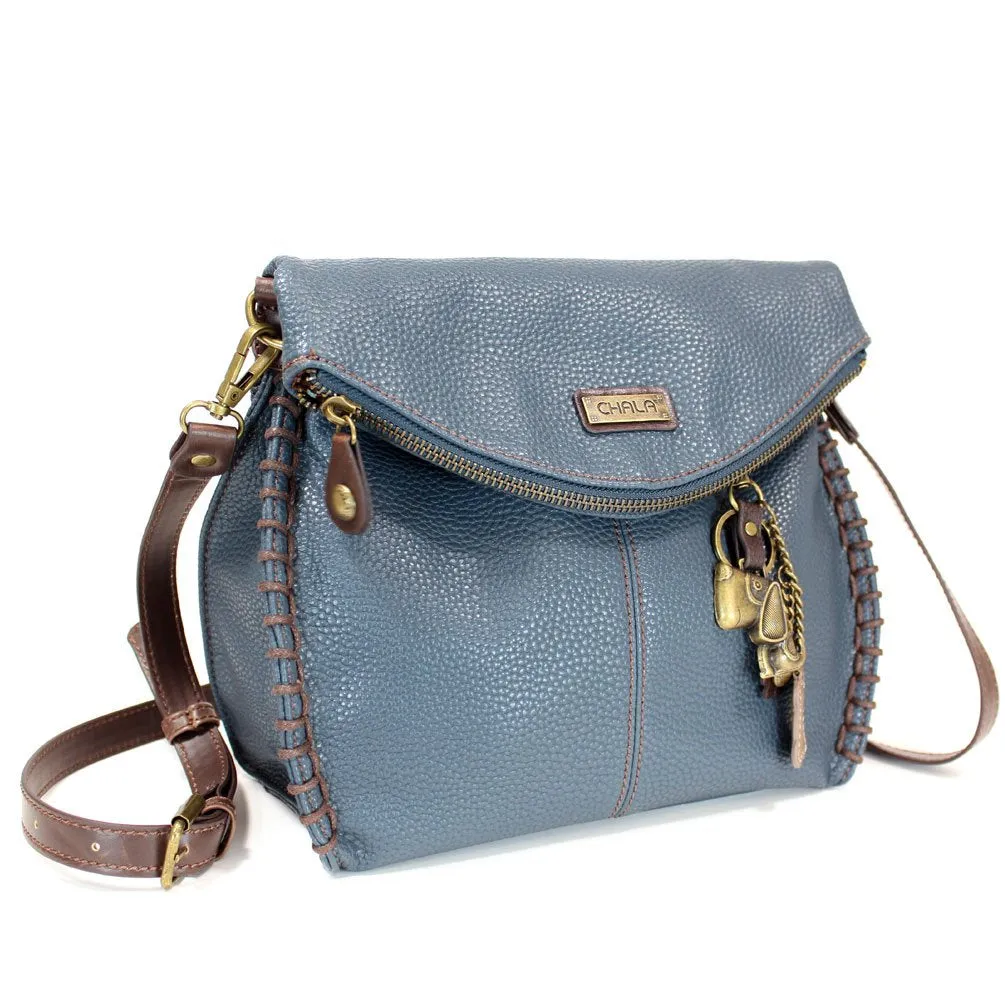 Chala Charming Crossbody Bag - Flap Top and Metal Key Charm in Navy Blue, Cross-Body or Shoulder Purse - Dog