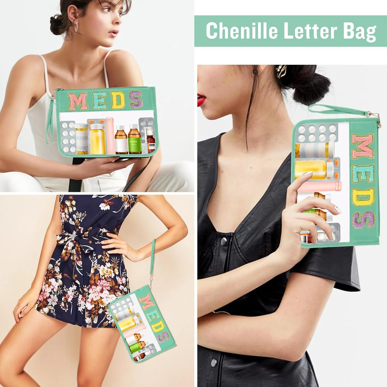 Chenille Letter Bag Clear MEDS Makeup Pouch, Preppy Patch Small Medicine Bag Travel Drugs Pills Zipper Pouch with Wristlet, Waterproof Portable Meds Bag Storage Organizer for Patient Nurse(MEDS-Green)