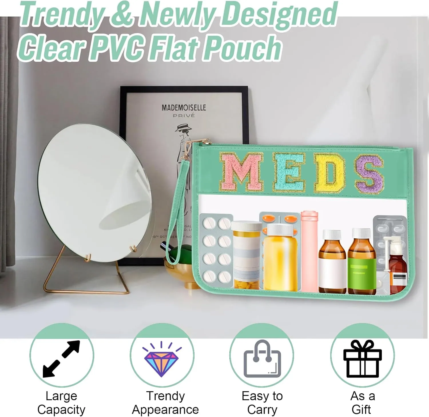 Chenille Letter Bag Clear MEDS Makeup Pouch, Preppy Patch Small Medicine Bag Travel Drugs Pills Zipper Pouch with Wristlet, Waterproof Portable Meds Bag Storage Organizer for Patient Nurse(MEDS-Green)