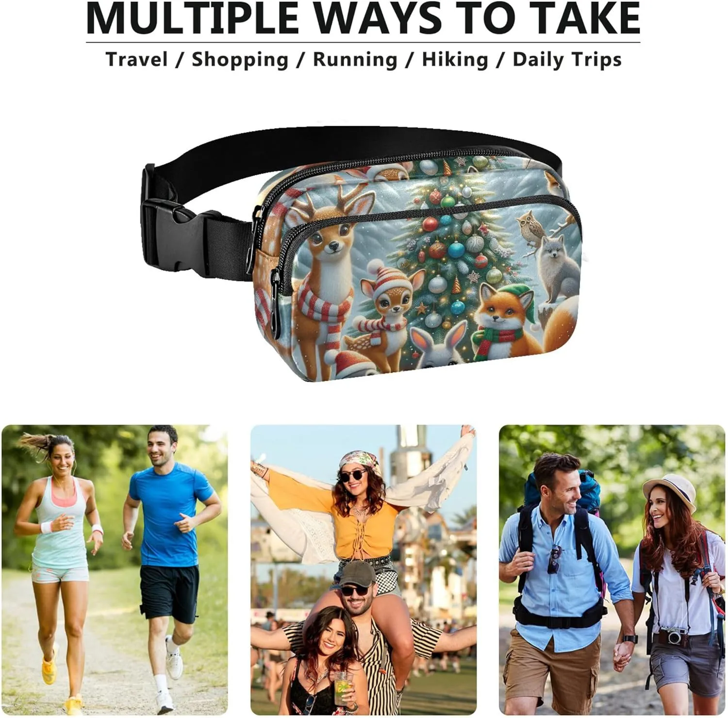 Christmas Animals Deer Fox Waterproof Fanny Pack for Women Hip Pack Belt Pouch Designer Waist Pouch for Women