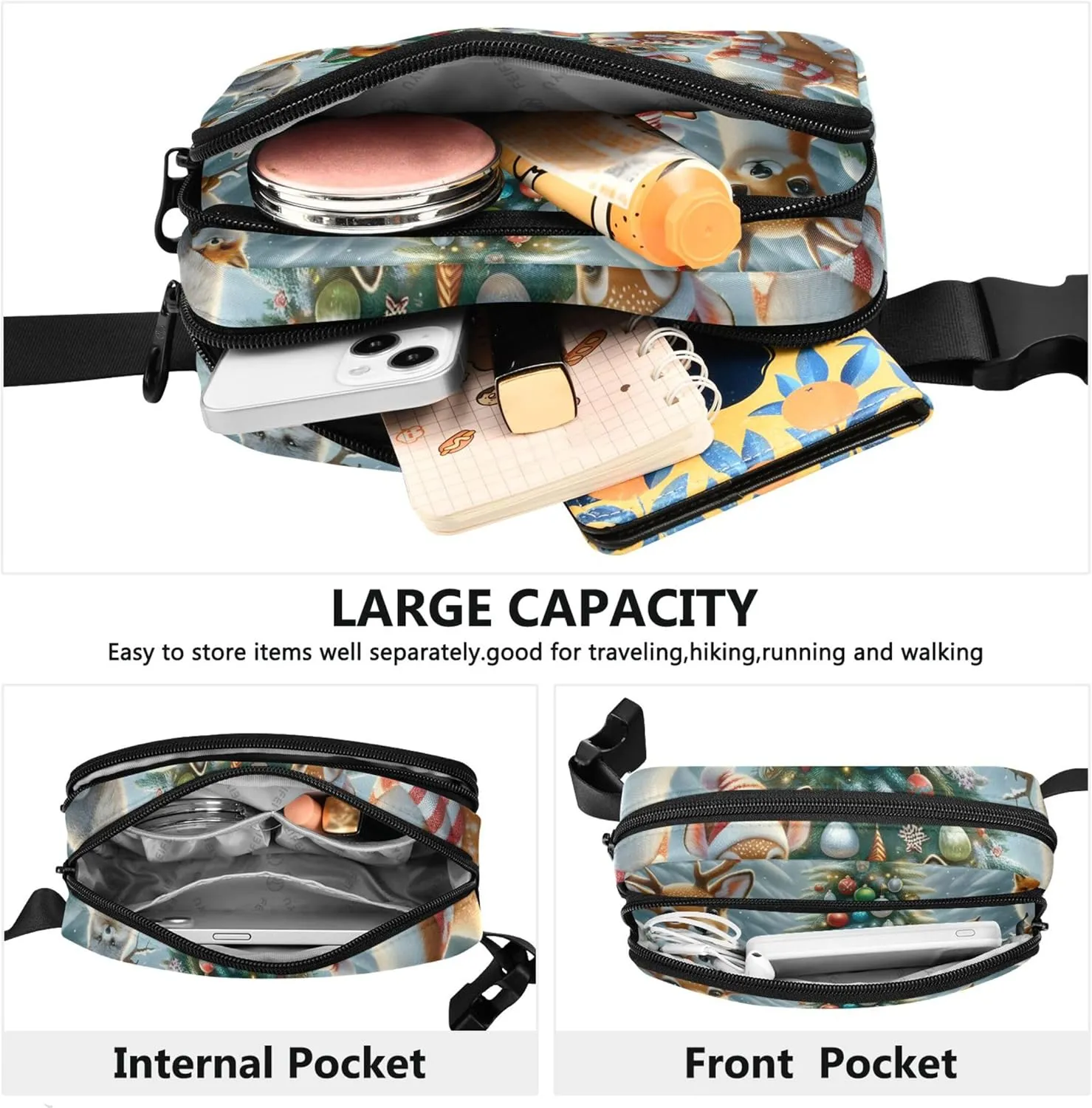 Christmas Animals Deer Fox Waterproof Fanny Pack for Women Hip Pack Belt Pouch Designer Waist Pouch for Women