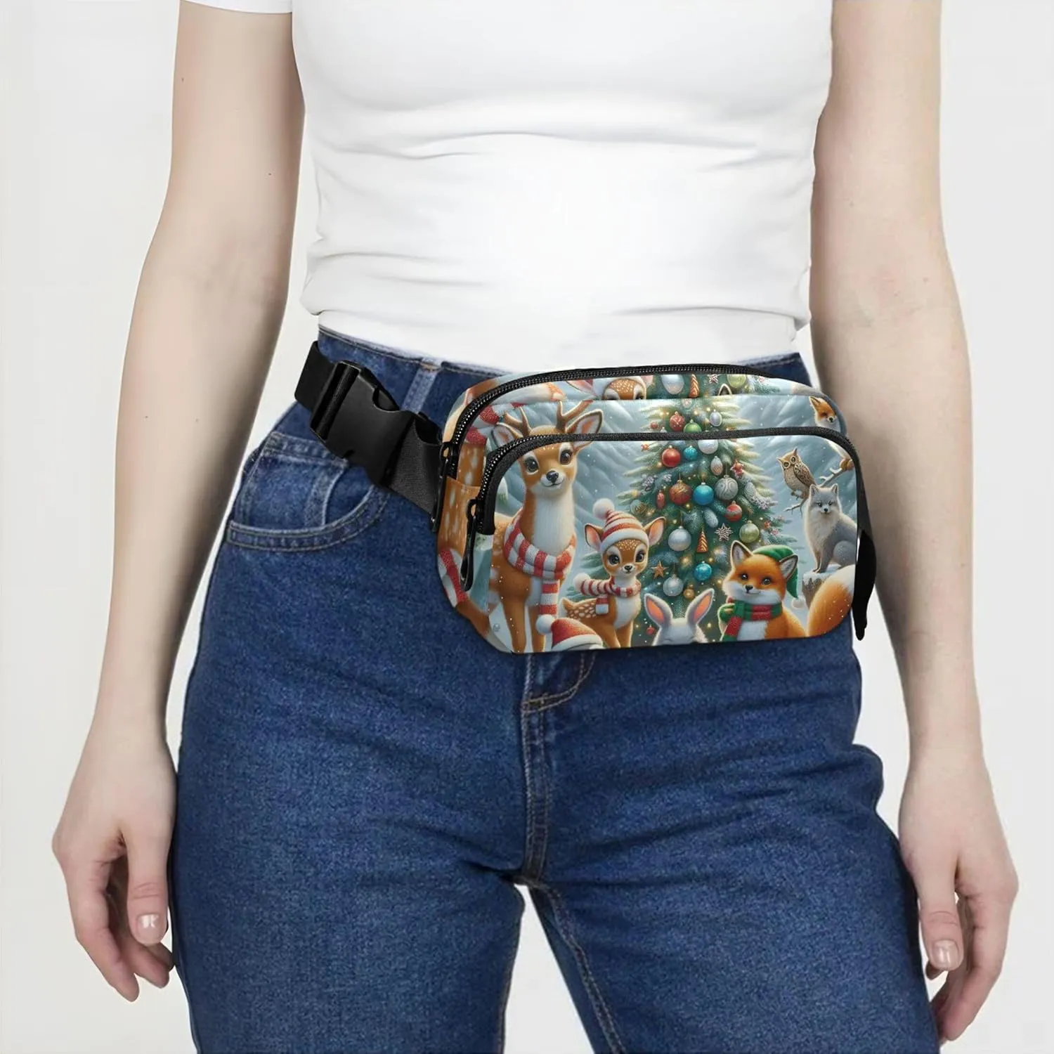 Christmas Animals Deer Fox Waterproof Fanny Pack for Women Hip Pack Belt Pouch Designer Waist Pouch for Women