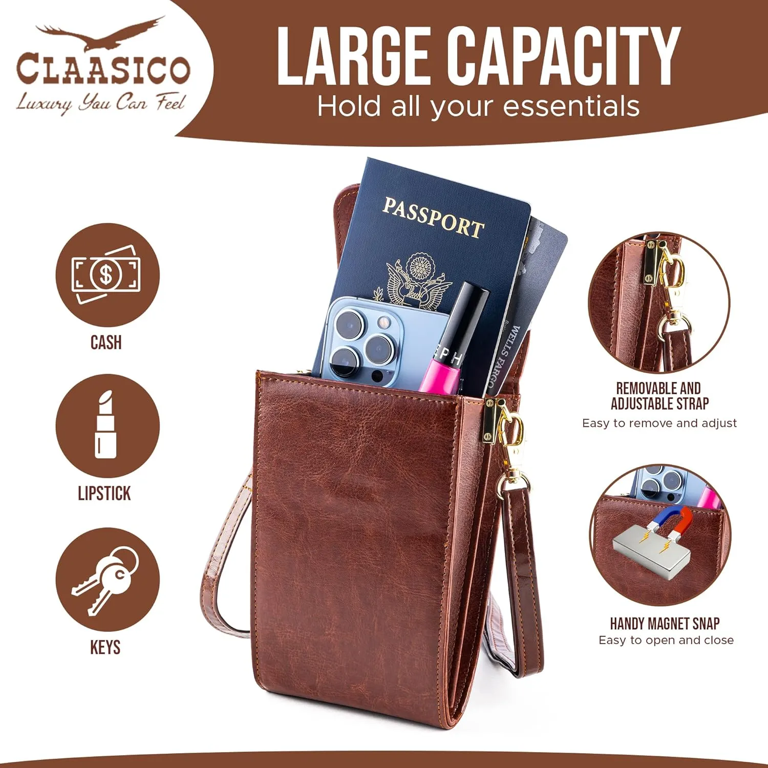 Classico Small Crossbody Phone Purse for Women - Crossbody Bag Wallet for Phone, Cards, Accessories
