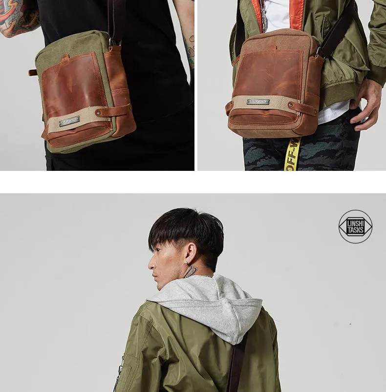 Coffee Canvas Leather Mens Side Bag Vertical Messenger Bags Army Green Canvas Courier Bag for Men