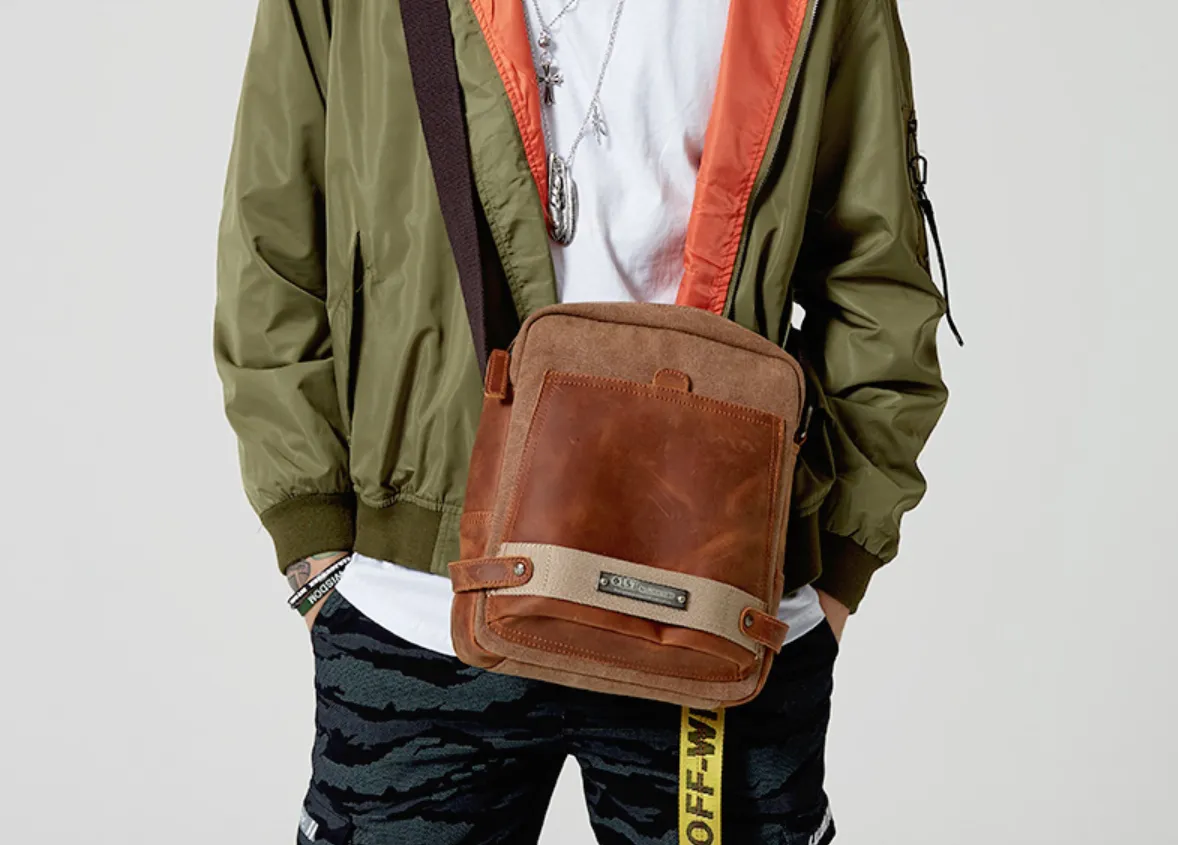 Coffee Canvas Leather Mens Side Bag Vertical Messenger Bags Army Green Canvas Courier Bag for Men