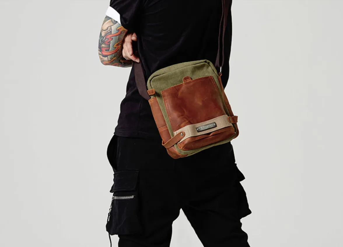 Coffee Canvas Leather Mens Side Bag Vertical Messenger Bags Army Green Canvas Courier Bag for Men
