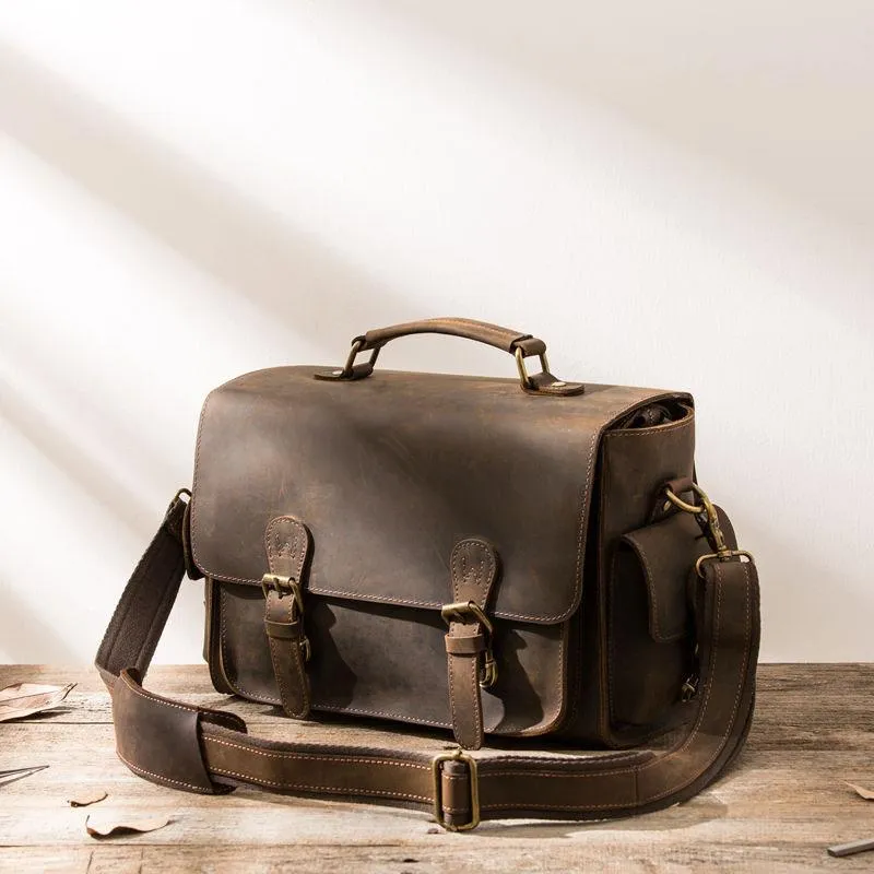 Coffee Vintage Leather Mens Camera Messenger Bag Crossbody Camera Bags for Men