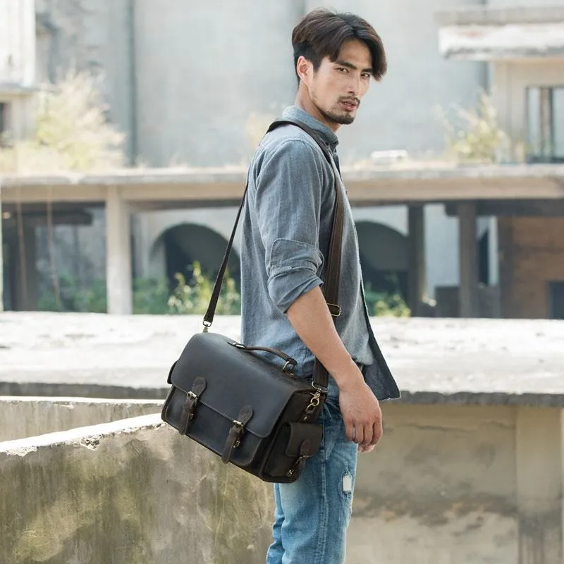 Coffee Vintage Leather Mens Camera Messenger Bag Crossbody Camera Bags for Men