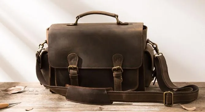 Coffee Vintage Leather Mens Camera Messenger Bag Crossbody Camera Bags for Men