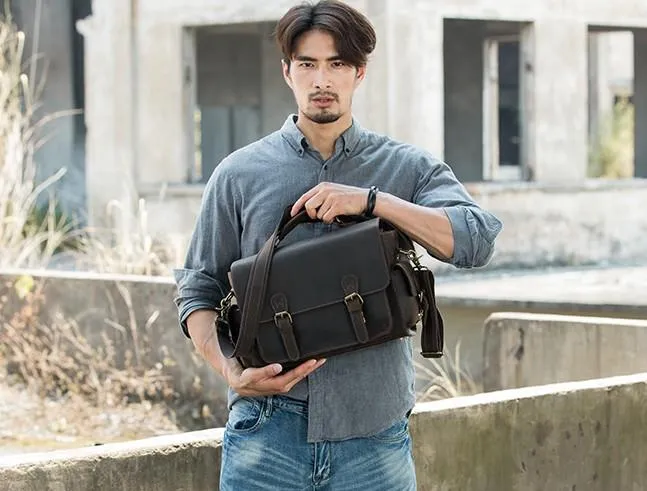 Coffee Vintage Leather Mens Camera Messenger Bag Crossbody Camera Bags for Men