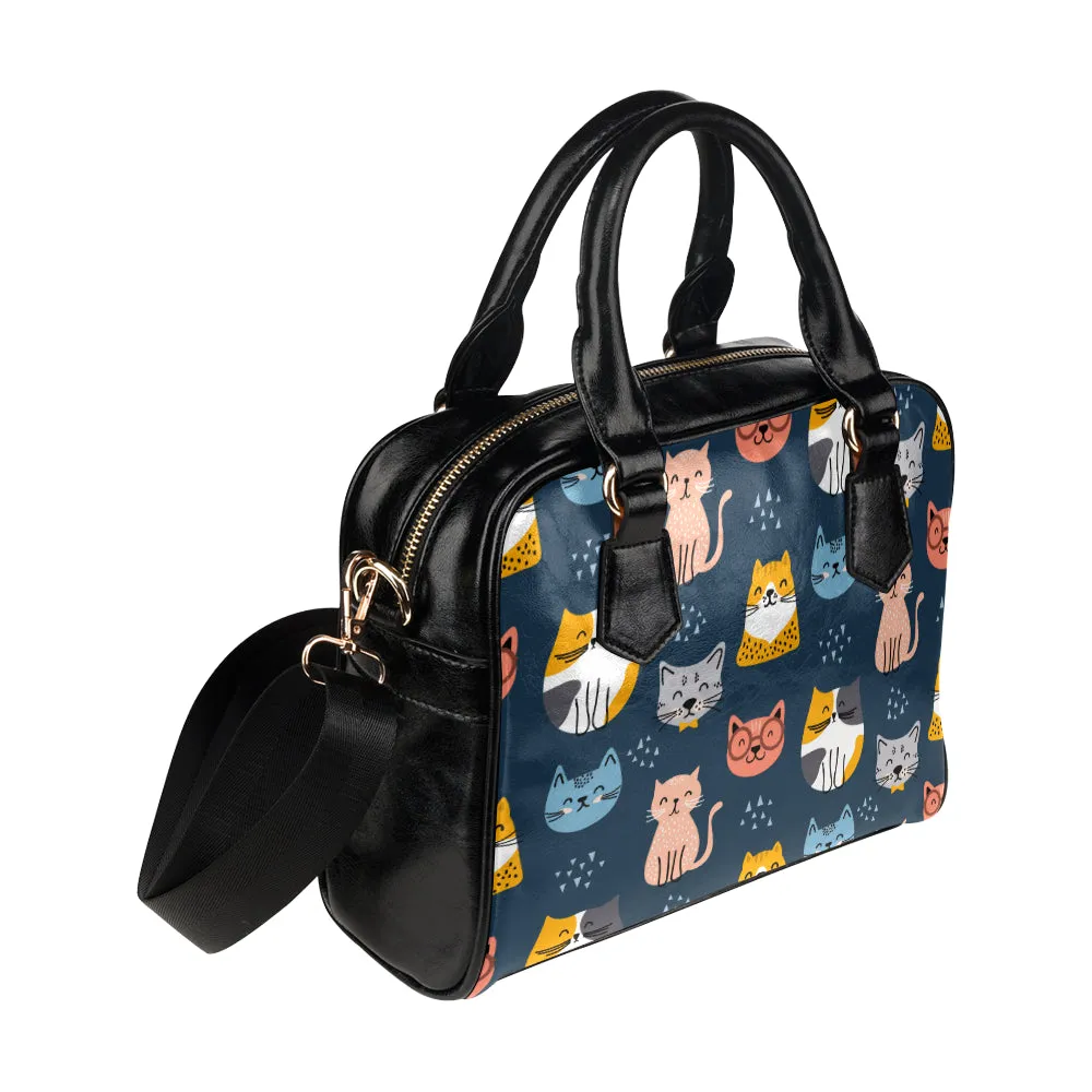 Cute Cat Purse, Animal Kitten Black Blue Colorful Print Small Shoulder Bag High Grade PU Leather Women Designer Handbag