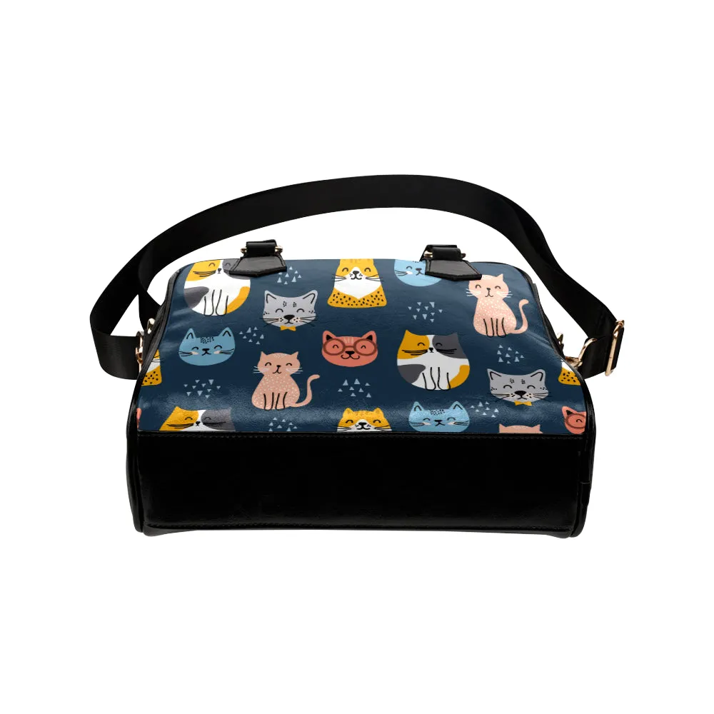 Cute Cat Purse, Animal Kitten Black Blue Colorful Print Small Shoulder Bag High Grade PU Leather Women Designer Handbag