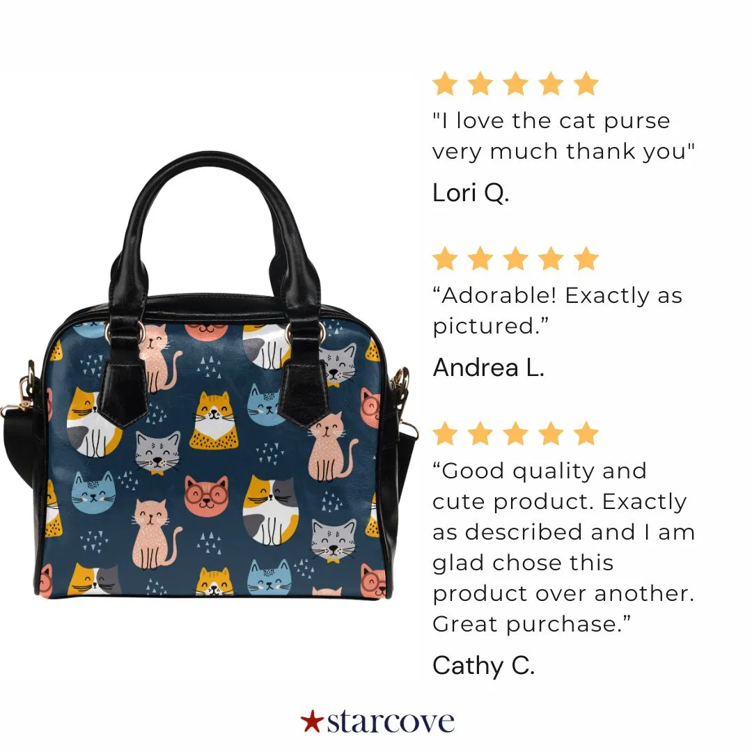 Cute Cat Purse, Animal Kitten Black Blue Colorful Print Small Shoulder Bag High Grade PU Leather Women Designer Handbag