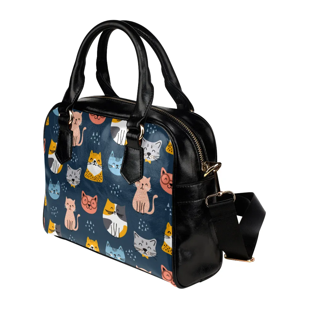Cute Cat Purse, Animal Kitten Black Blue Colorful Print Small Shoulder Bag High Grade PU Leather Women Designer Handbag