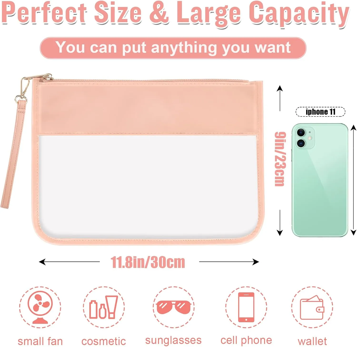 izuzta Clear PVC Flat Pouch, PU Travel Makeup Bag Clear Zipper Pouch with Wristlet, DIY Chenille Letter Bag Waterproof Portable Clear Travel Toiletry Bag Cosmetic Pouch for Women Girls (Pink)