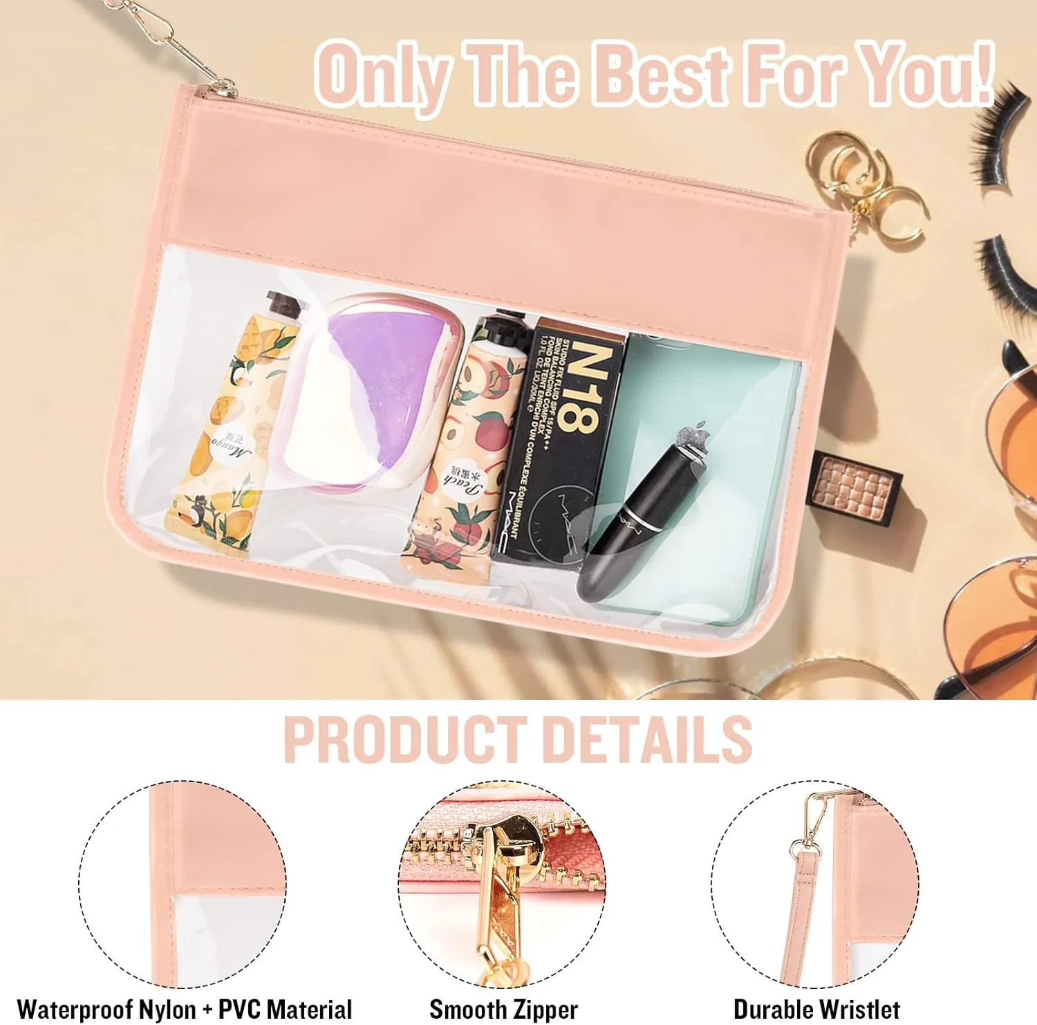 izuzta Clear PVC Flat Pouch, PU Travel Makeup Bag Clear Zipper Pouch with Wristlet, DIY Chenille Letter Bag Waterproof Portable Clear Travel Toiletry Bag Cosmetic Pouch for Women Girls (Pink)