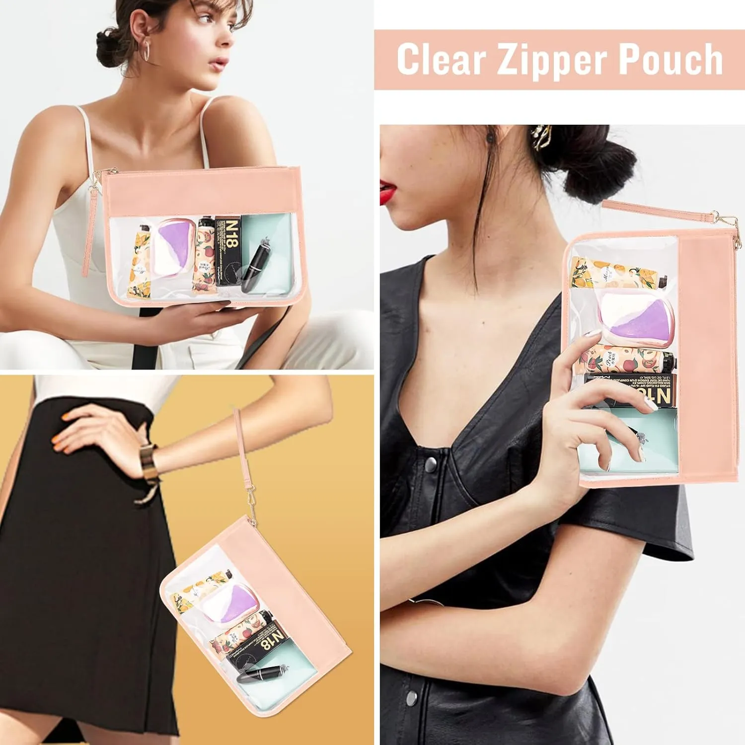 izuzta Clear PVC Flat Pouch, PU Travel Makeup Bag Clear Zipper Pouch with Wristlet, DIY Chenille Letter Bag Waterproof Portable Clear Travel Toiletry Bag Cosmetic Pouch for Women Girls (Pink)