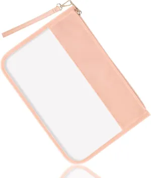 izuzta Clear PVC Flat Pouch, PU Travel Makeup Bag Clear Zipper Pouch with Wristlet, DIY Chenille Letter Bag Waterproof Portable Clear Travel Toiletry Bag Cosmetic Pouch for Women Girls (Pink)