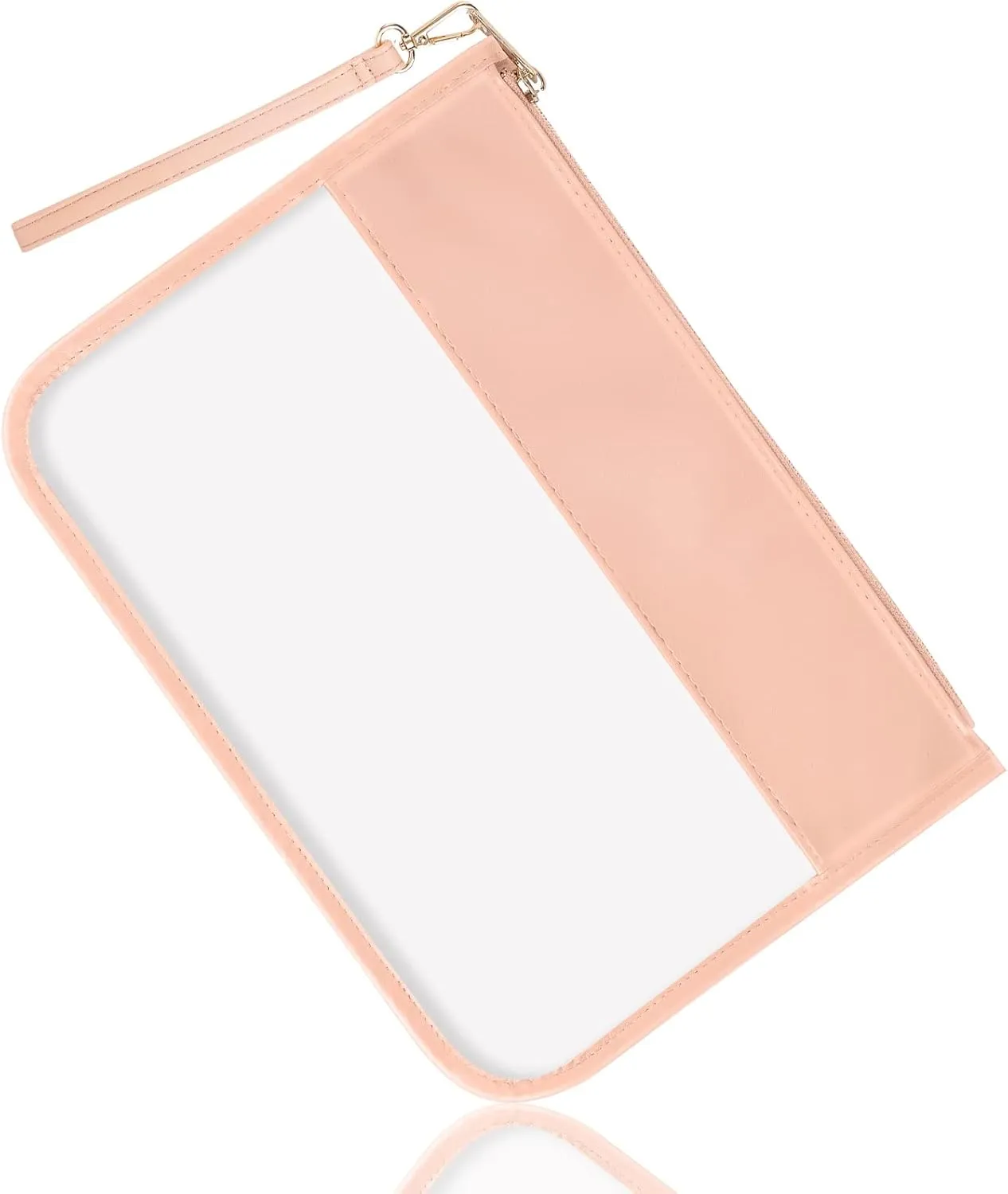 izuzta Clear PVC Flat Pouch, PU Travel Makeup Bag Clear Zipper Pouch with Wristlet, DIY Chenille Letter Bag Waterproof Portable Clear Travel Toiletry Bag Cosmetic Pouch for Women Girls (Pink)