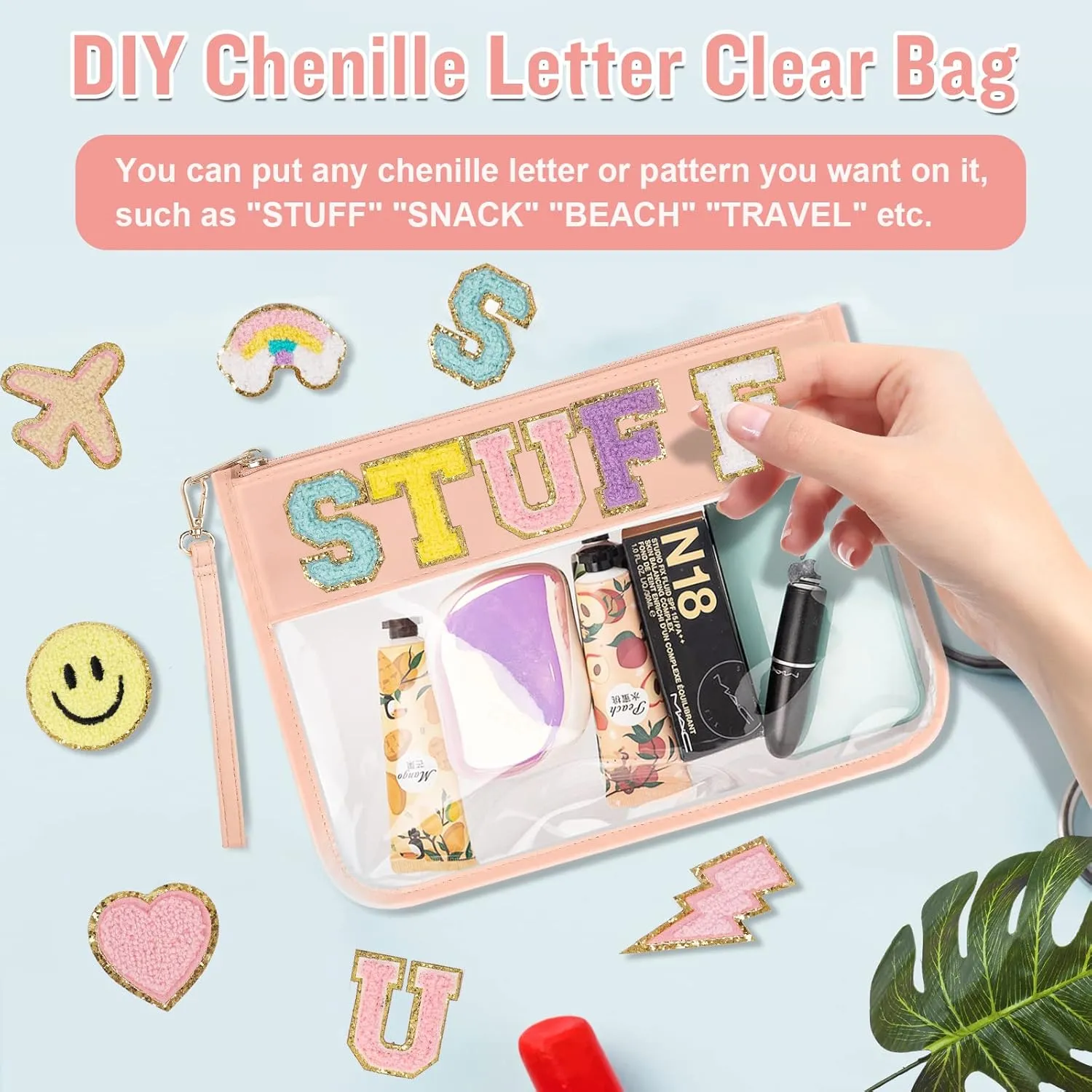 izuzta Clear PVC Flat Pouch, PU Travel Makeup Bag Clear Zipper Pouch with Wristlet, DIY Chenille Letter Bag Waterproof Portable Clear Travel Toiletry Bag Cosmetic Pouch for Women Girls (Pink)