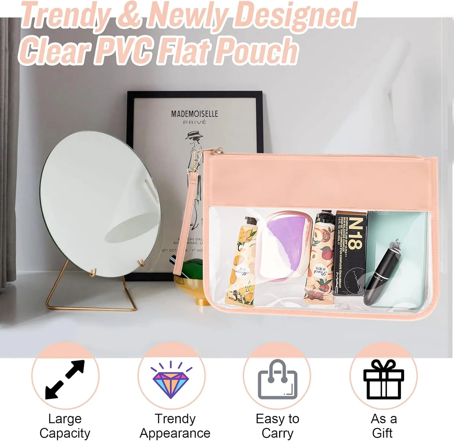 izuzta Clear PVC Flat Pouch, PU Travel Makeup Bag Clear Zipper Pouch with Wristlet, DIY Chenille Letter Bag Waterproof Portable Clear Travel Toiletry Bag Cosmetic Pouch for Women Girls (Pink)