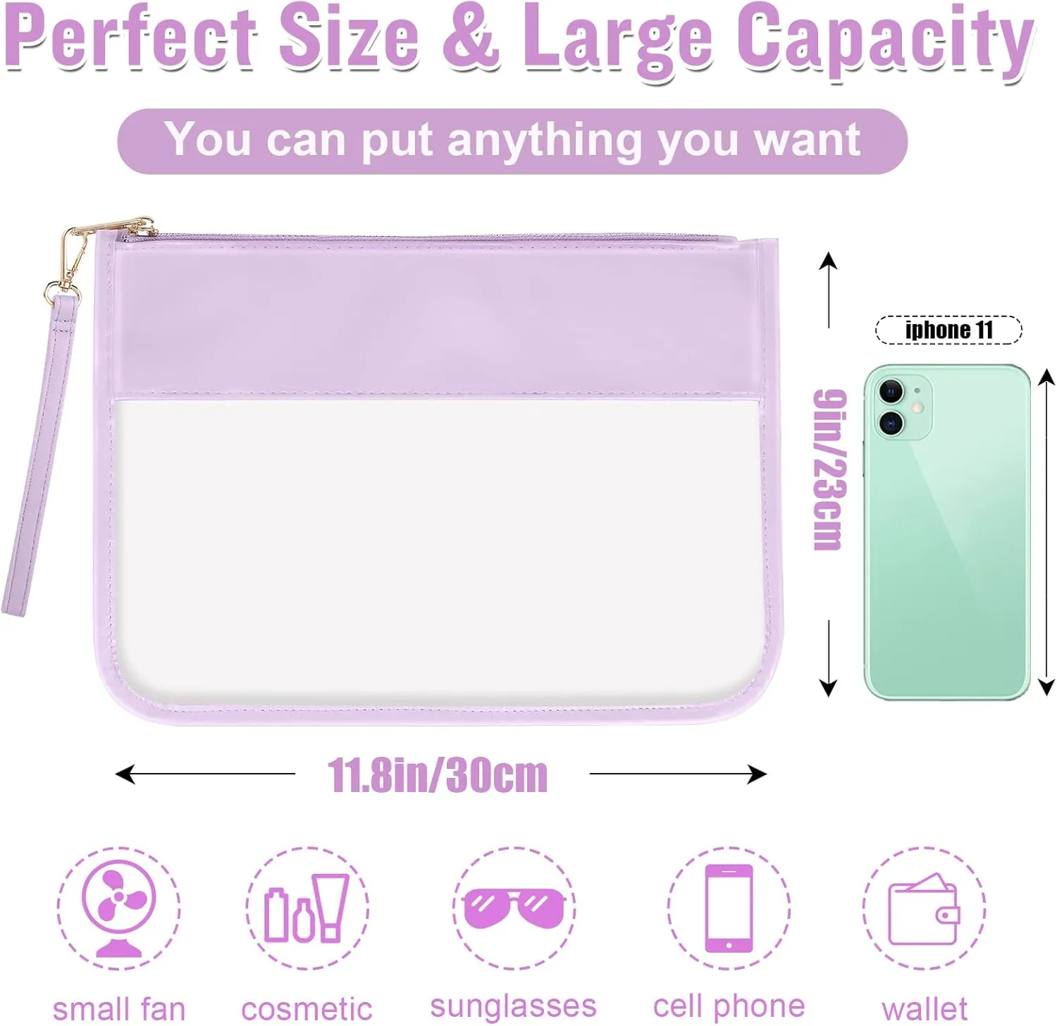 IzuztA PVC Flat Pouch Travel Makeup Bag with Wristlet, DIY Chenille Letter Bag Waterproof Portable Clear Travel Toiletry Cosmetic Pouch for Women Girls (Purple)
