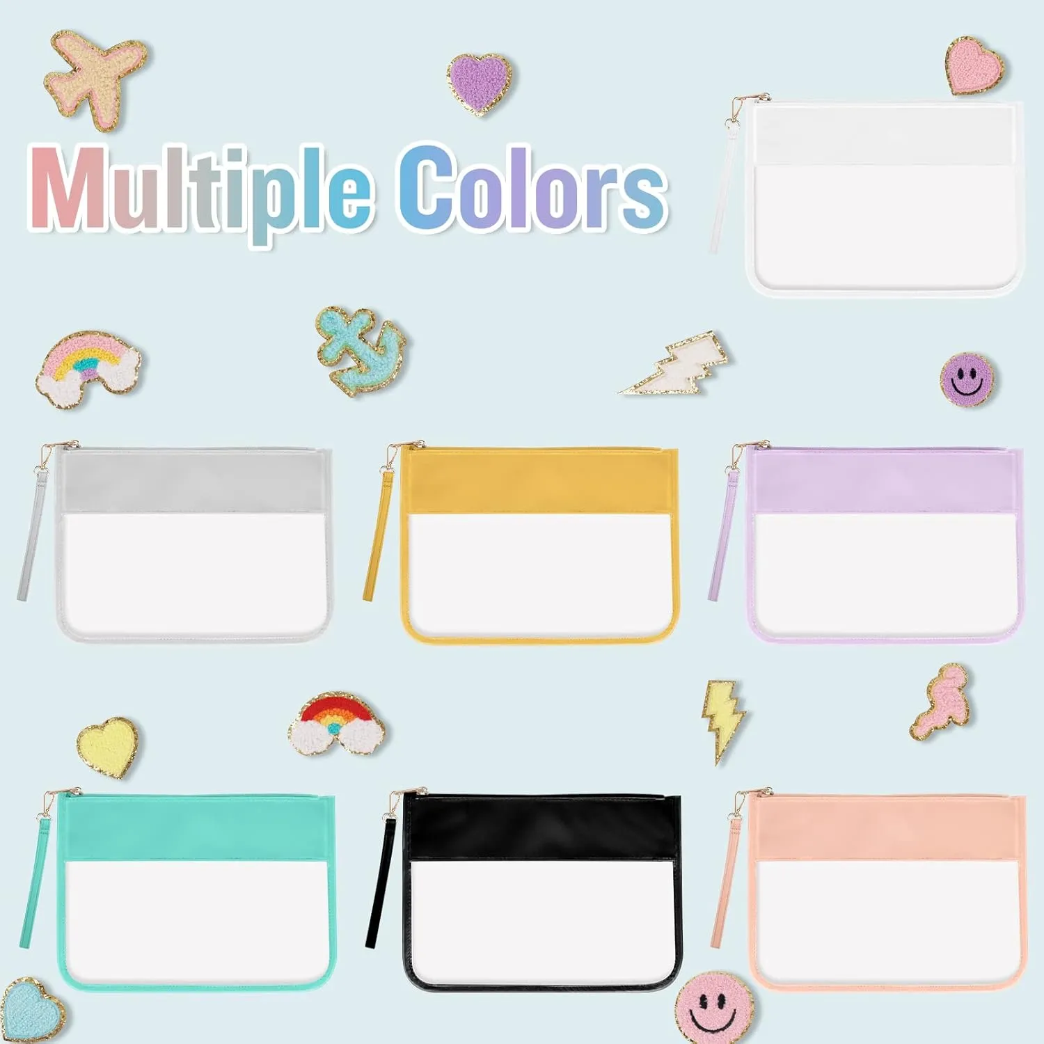 IzuztA PVC Flat Pouch Travel Makeup Bag with Wristlet, DIY Chenille Letter Bag Waterproof Portable Clear Travel Toiletry Cosmetic Pouch for Women Girls (Purple)