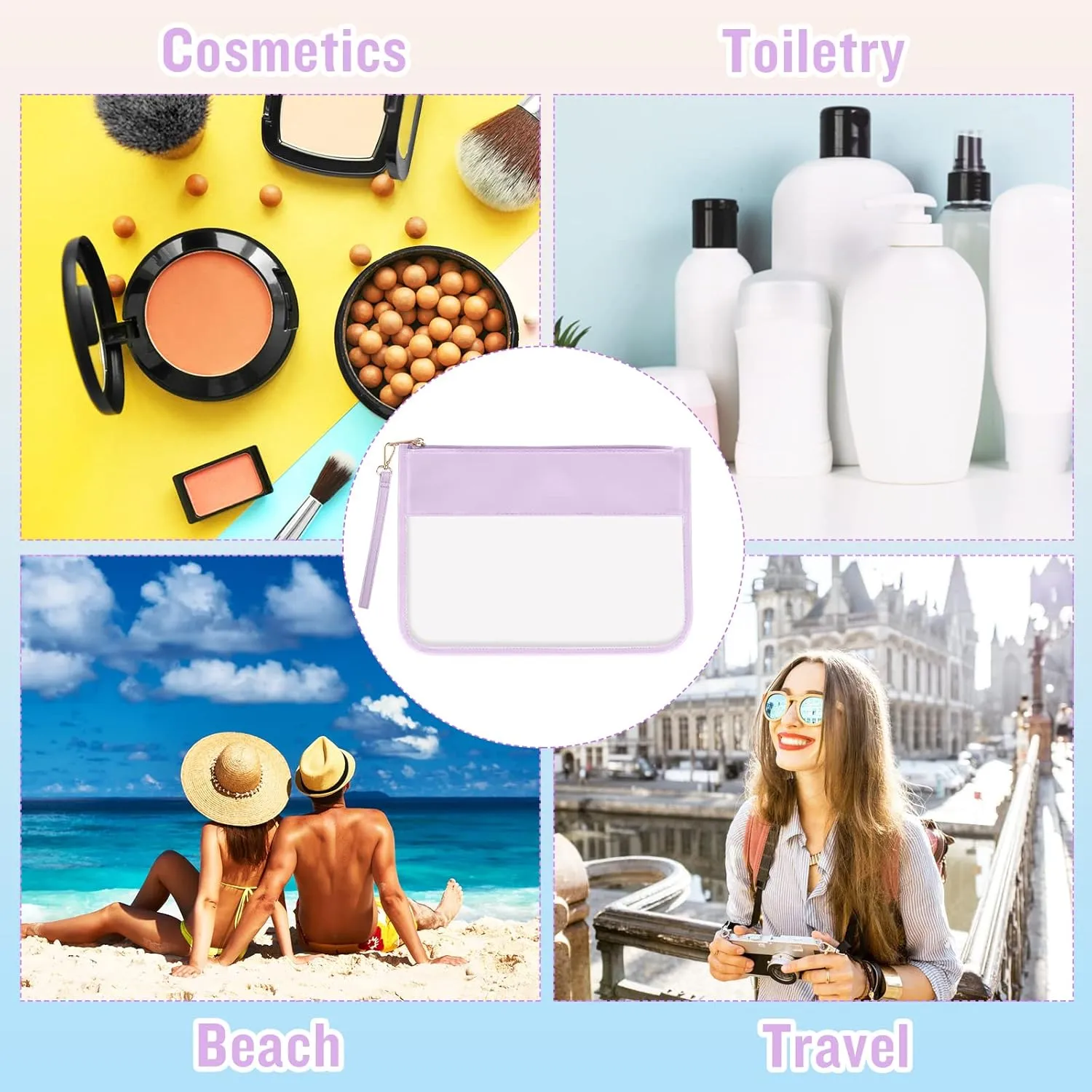 IzuztA PVC Flat Pouch Travel Makeup Bag with Wristlet, DIY Chenille Letter Bag Waterproof Portable Clear Travel Toiletry Cosmetic Pouch for Women Girls (Purple)